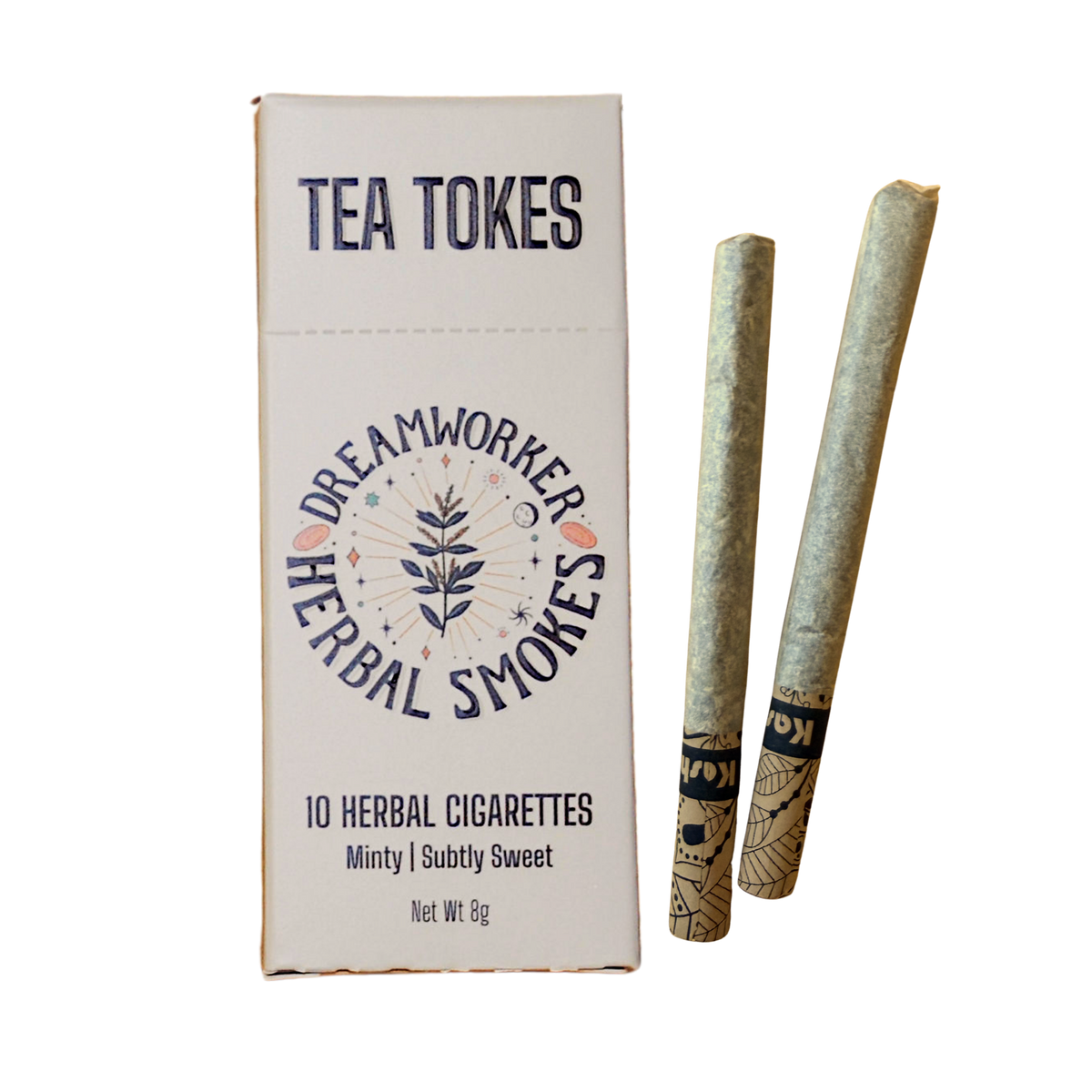 'Dreamworker' herbal cigarettes box with two slim herbal cigarettes