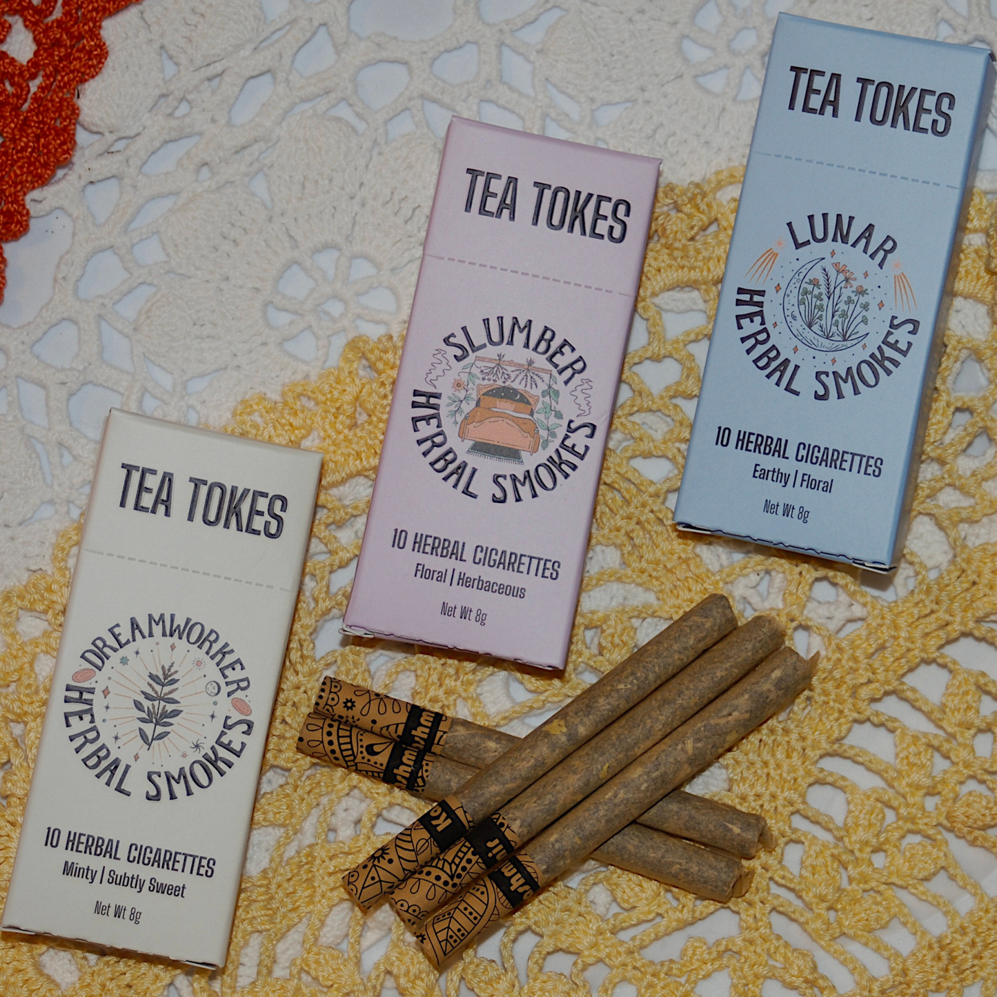 Dreamworker, Slumber and Lunar herbal cigarette boxes on crochet