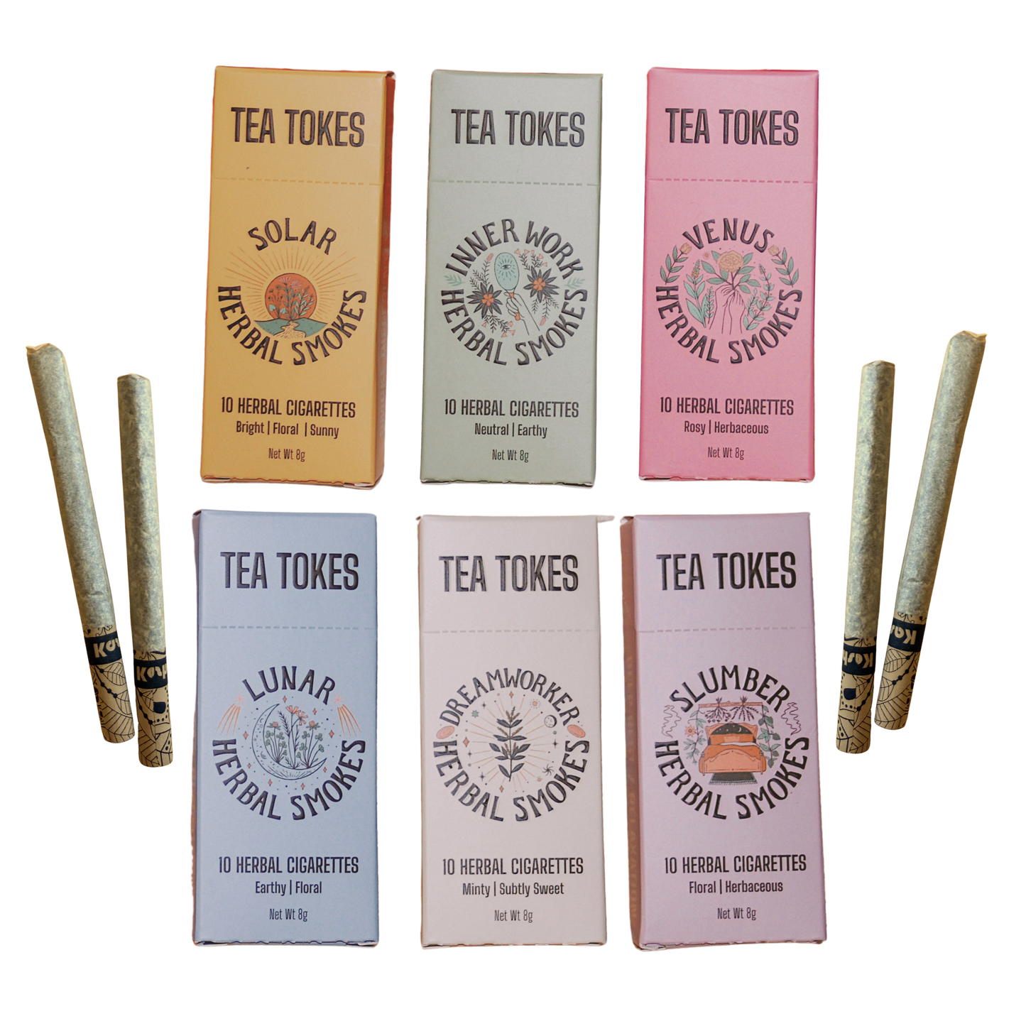 All six Tea Tokes herbal cigarette blends with the new slim cigarettes