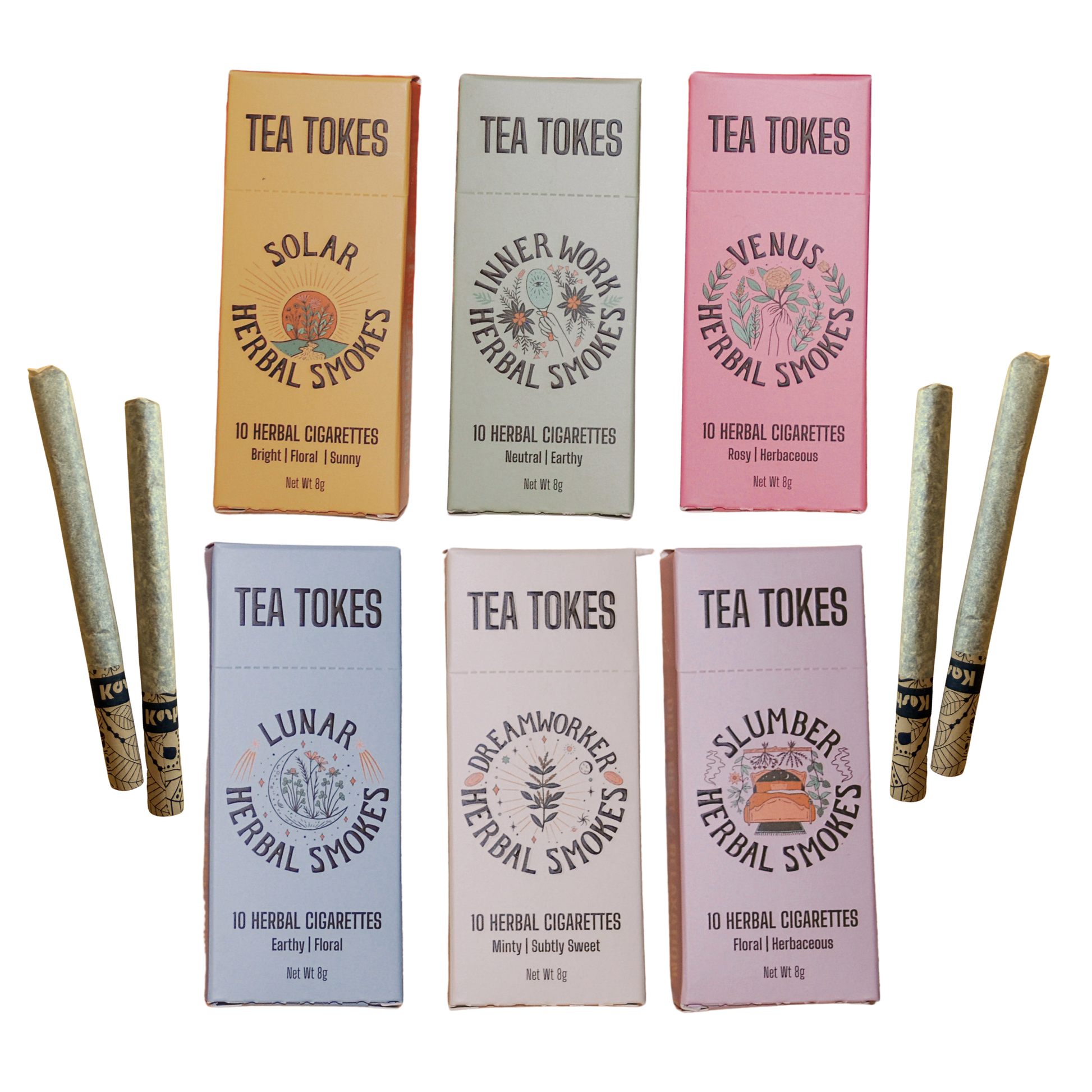All six Tea Tokes herbal cigarette blends with the new slim cigarettes
