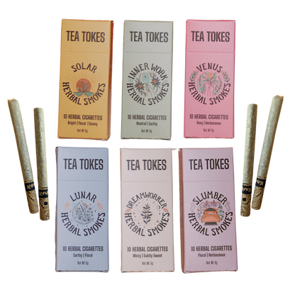 All six Tea Tokes herbal cigarette blends with the new slim cigarettes