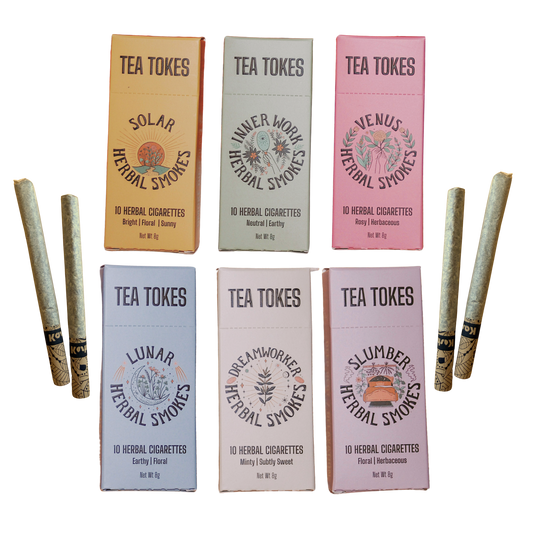 All six Tea Tokes herbal cigarette blends with the new slim cigarettes